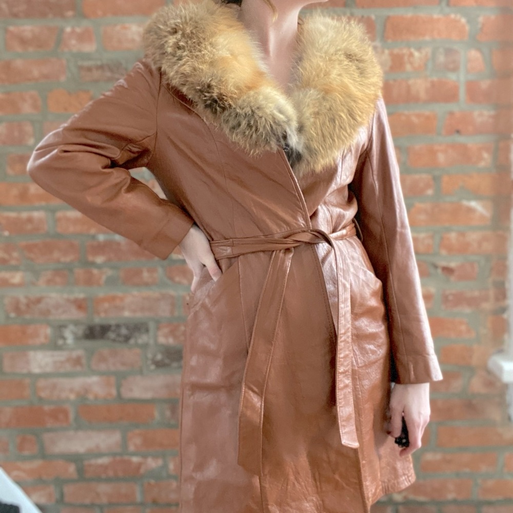Scully Vintage Leather Trench Coat with Faux Fur
